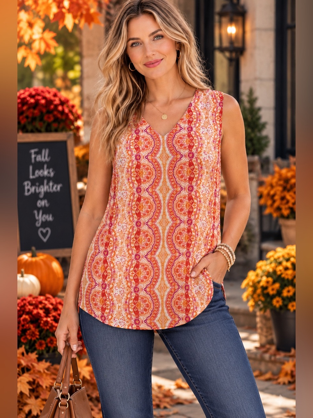 Violet + Claire Orange Paisley Boho Sleeveless V-Neck Blouse L